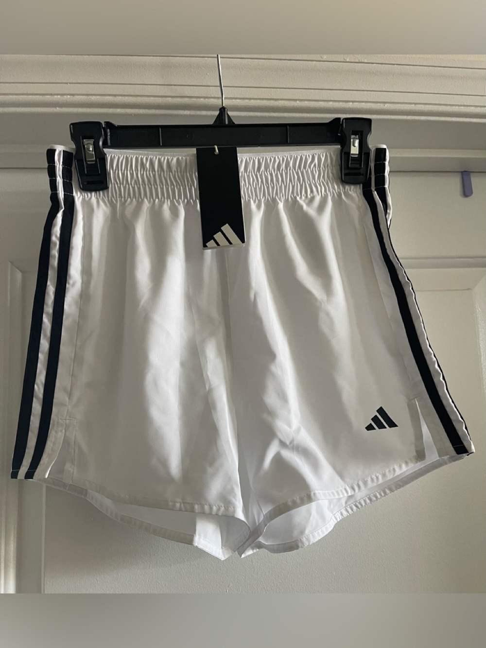 Adidas White Athletic Shorts with Black Stripe Detail